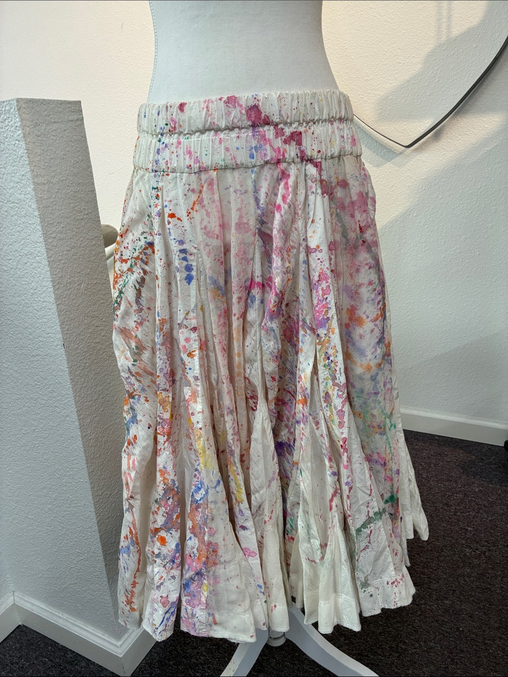 URBAN ZEN White Multicolor Paint-Splatter SILK LINEN Full Skirt M